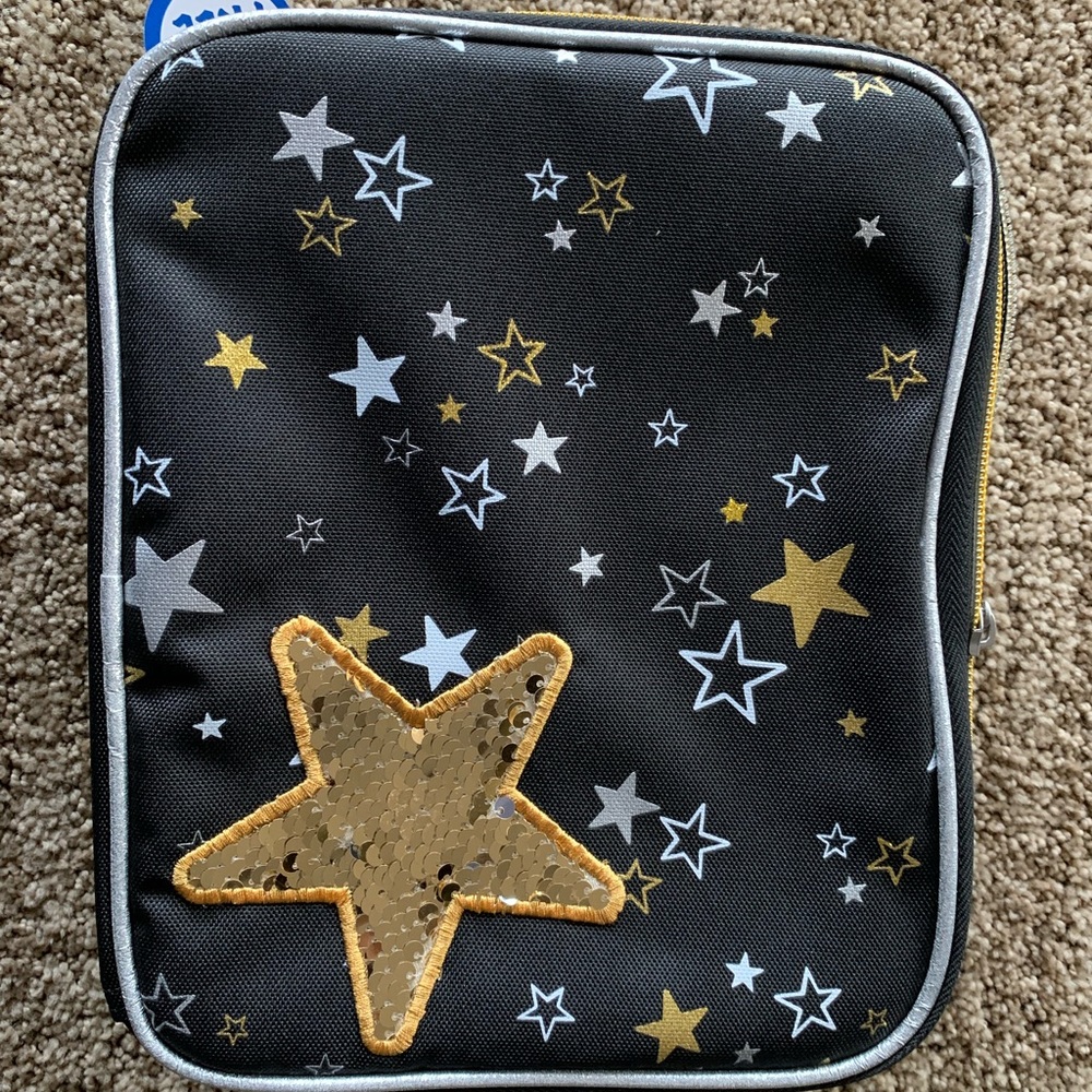 Lunch bag, new with tags, black, silver and gold reach for the stars
